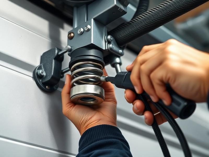 Garage door spring and balance adjustment mechanism with professional technician hands