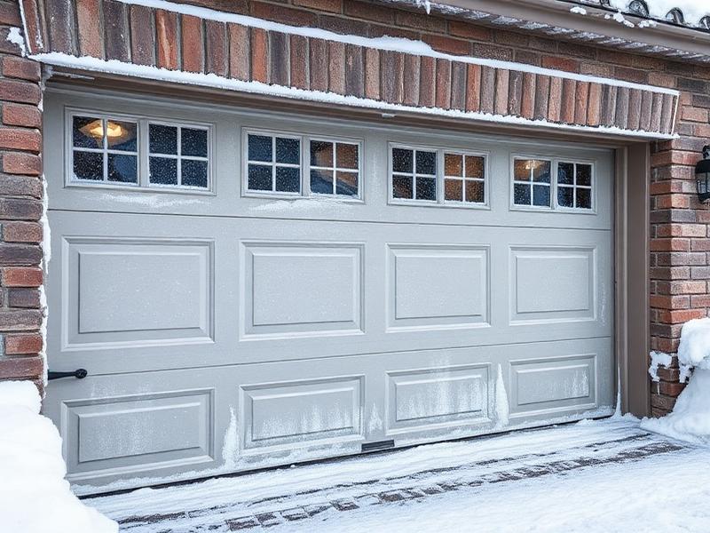 Garage door in winter with snow and frost showing weather sealing maintenance