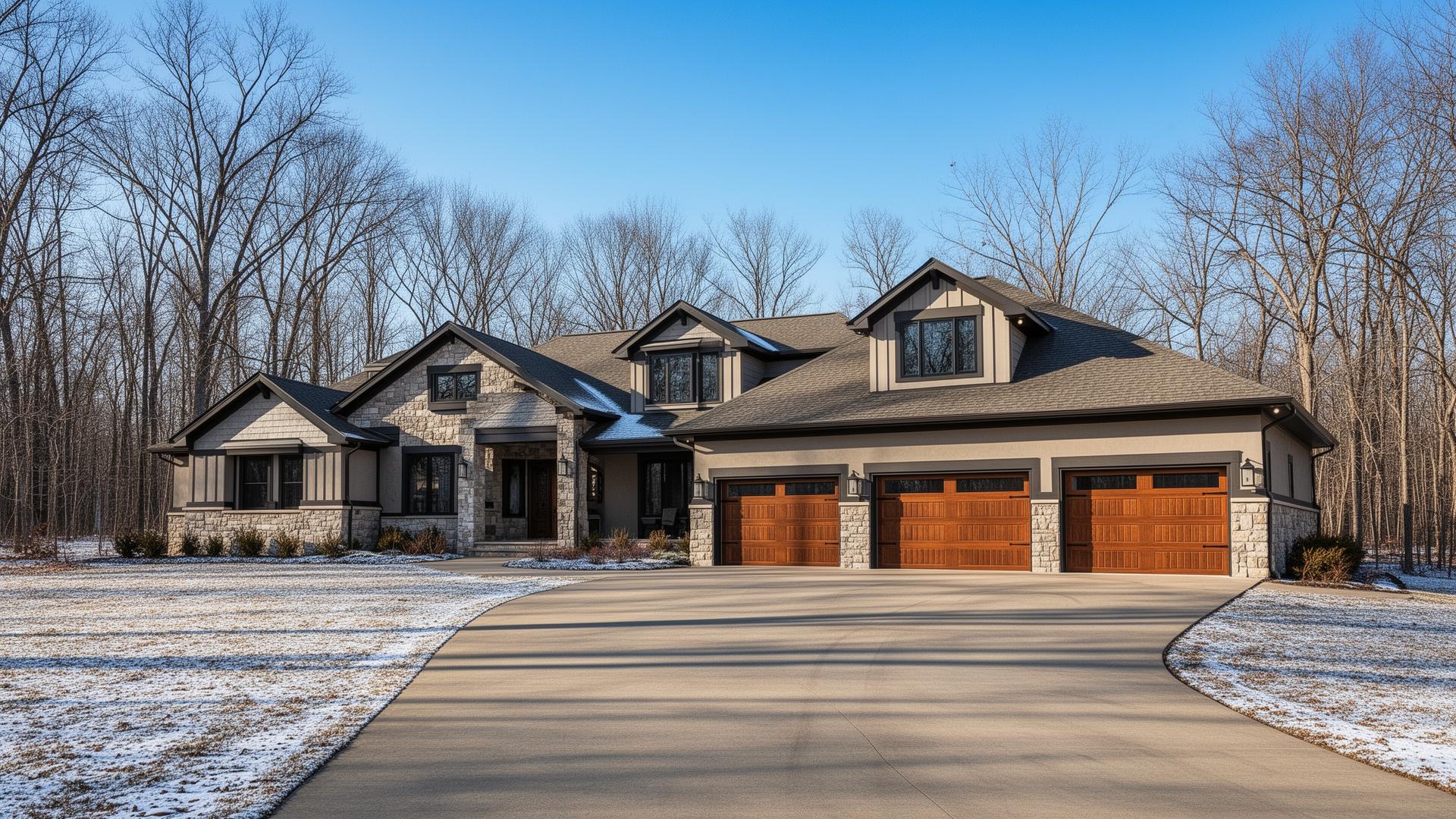 Premium insulated steel garage doors with wood overlay on ranch style home in Seagoville, Texas