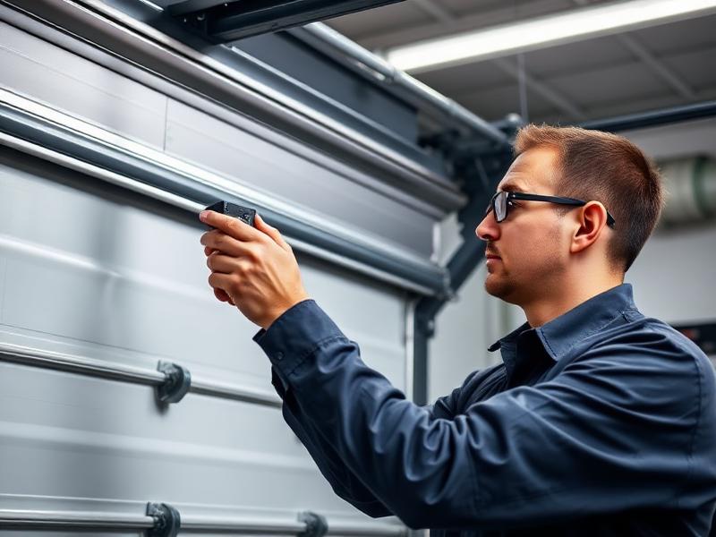 Technician performing garage door repair and safety sensor calibration